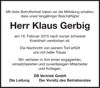 Traueranzeige von Klaus Gerbig von Echo-Zeitungen (Gesamtausgabe)