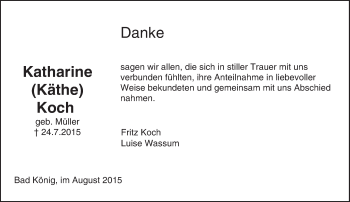 Traueranzeige von Katharine (Käthe) Koch von trauer.echo-online.de