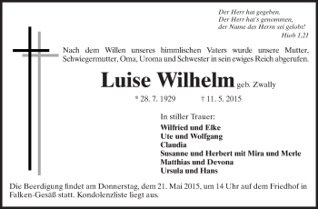 Traueranzeige von Luise Wilhelm von Odenwälder Echo