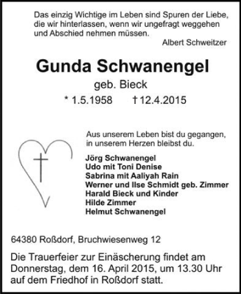 Traueranzeige von Gunda Schwanengel von Echo-Zeitungen (Gesamtausgabe)