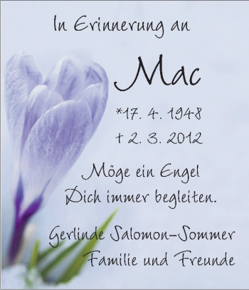 Traueranzeige von Mac  von Echo-Zeitungen (Gesamtausgabe)