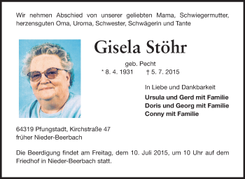 Traueranzeige von Gisela Stöhr von Echo-Zeitungen (Gesamtausgabe)
