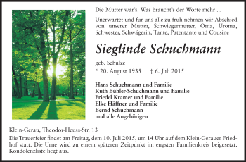 Traueranzeige von Sieglinde Schuchmann von Echo-Zeitungen (Gesamtausgabe)
