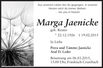 Traueranzeige von Marga Jaenicke von Rüsselsheimer Echo, Groß-Gerauer-Echo, Ried Echo