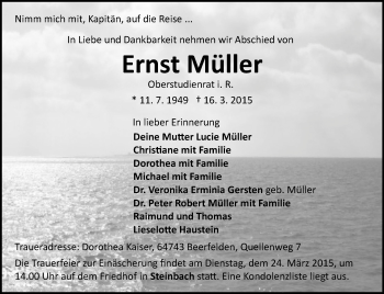 Traueranzeige von Ernst Müller von Echo-Zeitungen (Gesamtausgabe)