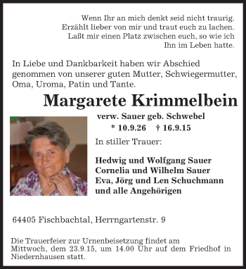Traueranzeige von Margarete Krimmelbein von trauer.echo-online.de