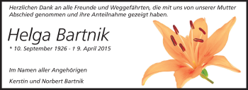 Traueranzeige von Helga Bartnik von Echo-Zeitungen (Gesamtausgabe)