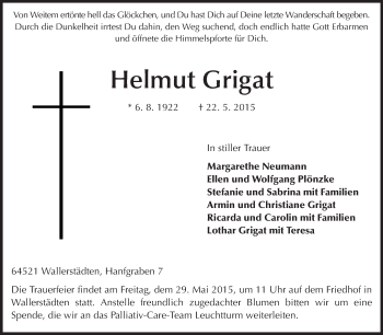 Traueranzeige von Helmut Grigat von Rüsselsheimer Echo, Groß-Gerauer-Echo, Ried Echo