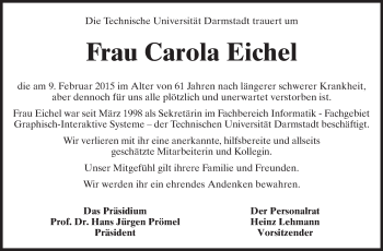 Traueranzeige von Carola Eichel von Echo-Zeitungen (Gesamtausgabe)