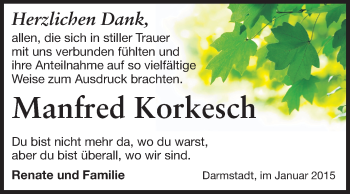 Traueranzeige von Manfred Korkesch von Echo-Zeitungen (Gesamtausgabe)