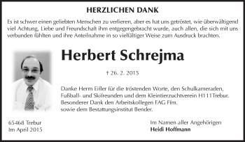 Traueranzeige von Herbert Schrejma von Rüsselsheimer Echo, Groß-Gerauer-Echo, Ried Echo