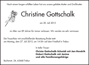 Traueranzeige von Christine Gottschalk von Rüsselsheimer Echo, Groß-Gerauer-Echo, Ried Echo