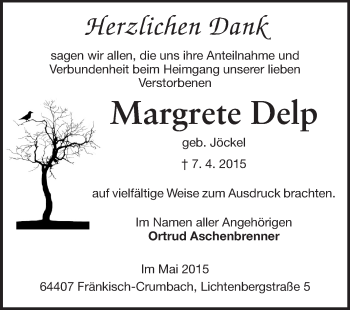 Traueranzeige von Margrete Delp von Odenwälder Echo