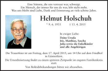 Traueranzeige von Helmut Holschuh von Odenwälder Echo