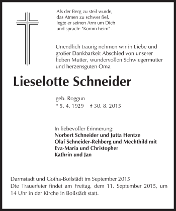 Traueranzeige von Lieselotte Schneider von trauer.echo-online.de
