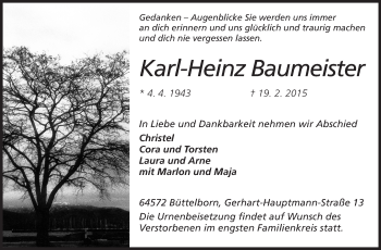 Traueranzeige von Karl-Heinz Baumeister von Rüsselsheimer Echo, Groß-Gerauer-Echo, Ried Echo