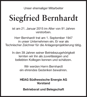 Traueranzeige von Siegfried Bernhardt von Echo-Zeitungen (Gesamtausgabe)