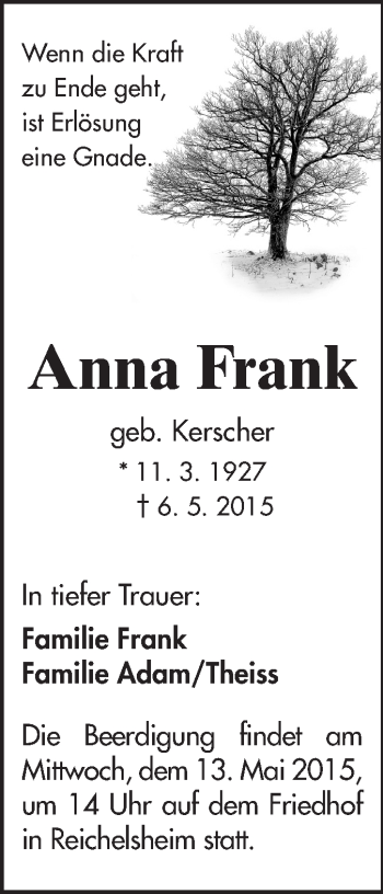 Traueranzeige von Anna Frank von Odenwälder Echo