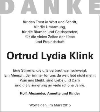 Traueranzeige von Ortrud Lydia Klink von Rüsselsheimer Echo, Groß-Gerauer-Echo, Ried Echo