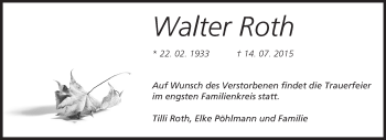 Traueranzeige von Walter Roth von Echo-Zeitungen (Gesamtausgabe)