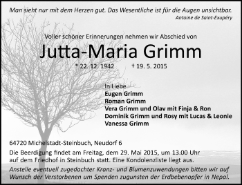 Traueranzeige von Jutta-Maria Grimm von Odenwälder Echo