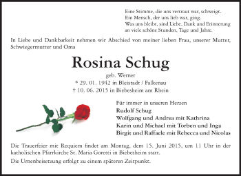 Traueranzeige von Rosina Schug von Rüsselsheimer Echo, Groß-Gerauer-Echo, Ried Echo