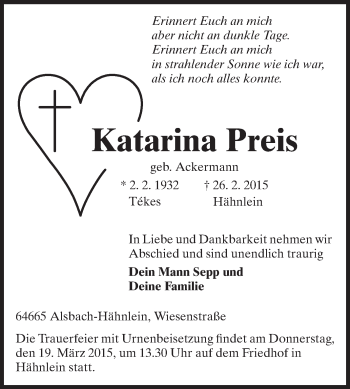 Traueranzeige von Katarina Preis von Echo-Zeitungen (Gesamtausgabe)