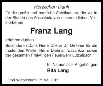 Traueranzeige von Franz Lang von Odenwälder Echo