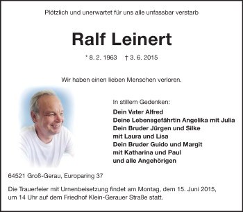 Traueranzeige von Ralf Leinert von Rüsselsheimer Echo, Groß-Gerauer-Echo, Ried Echo