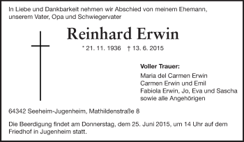 Traueranzeige von Reinhard Erwin von Echo-Zeitungen (Gesamtausgabe)