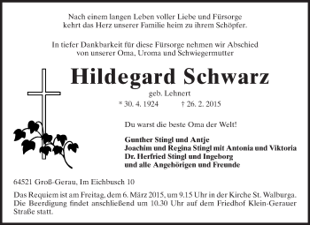 Traueranzeige von Hildegard Schwarz von Rüsselsheimer Echo, Groß-Gerauer-Echo, Ried Echo