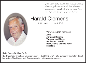 Traueranzeige von Harald Clemens von Rüsselsheimer Echo, Groß-Gerauer-Echo, Ried Echo