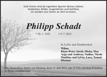 Traueranzeige von Philipp Schadt von Rüsselsheimer Echo, Groß-Gerauer-Echo, Ried Echo