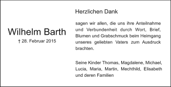 Traueranzeige von Wilhelm Barth von Echo-Zeitungen (Gesamtausgabe)