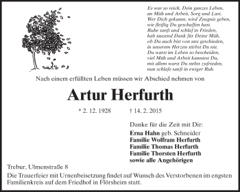 Traueranzeige von Artur Herfurth von Rüsselsheimer Echo, Groß-Gerauer-Echo, Ried Echo