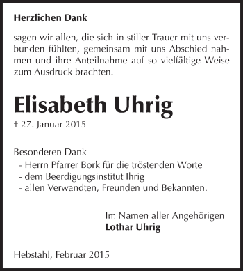 Traueranzeige von Elisabeth Uhrig von Odenwälder Echo