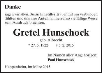 Traueranzeige von Gretel Hunschock von Starkenburger Echo Traueranzeige von Gretel Hunschock von Starkenburger Echo