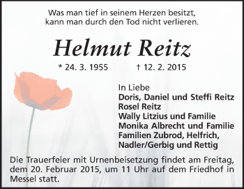 Traueranzeige von Helmut Reitz von Echo-Zeitungen (Gesamtausgabe)