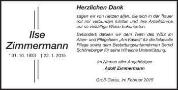 Traueranzeige von Ilse Zimmermann von Rüsselsheimer Echo, Groß-Gerauer-Echo, Ried Echo