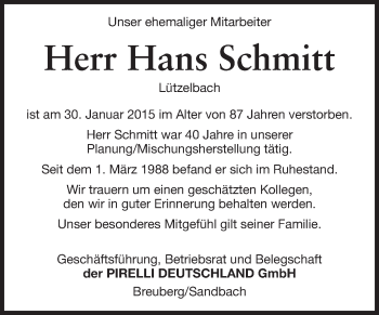 Traueranzeige von Hans Schmitt von Odenwälder Echo