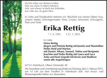 Traueranzeige von Erika Rettig von Odenwälder Echo