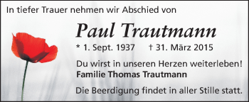 Traueranzeige von Paul Trautmann von Echo-Zeitungen (Gesamtausgabe)