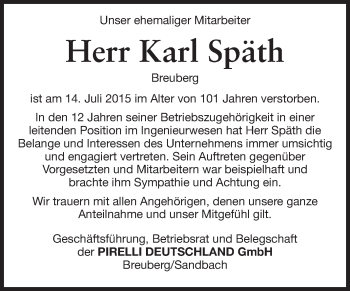 Traueranzeige von Karl Späth von Odenwälder Echo