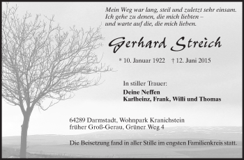 Traueranzeige von Gerhard Streich von Rüsselsheimer Echo, Groß-Gerauer-Echo, Ried Echo