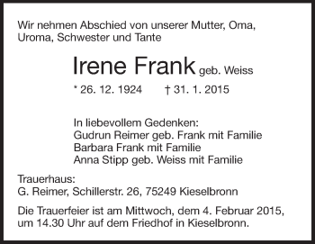 Traueranzeige von Irene Frank von Echo-Zeitungen (Gesamtausgabe)