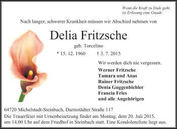 Traueranzeige von Delia Fritzsche von Odenwälder Echo