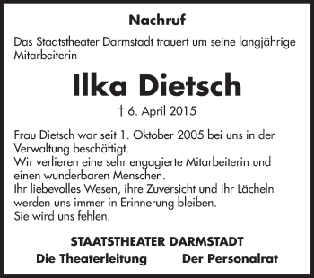 Traueranzeige von Ilka Dietsch von Echo-Zeitungen (Gesamtausgabe)