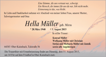 Traueranzeige von Hella Müller von trauer.echo-online.de