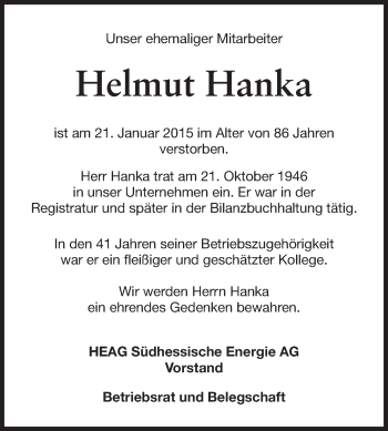 Traueranzeige von Helmut Hanka von Echo-Zeitungen (Gesamtausgabe)