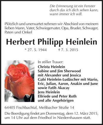 Traueranzeige von Herbert Philipp Heinlein von Echo-Zeitungen (Gesamtausgabe)